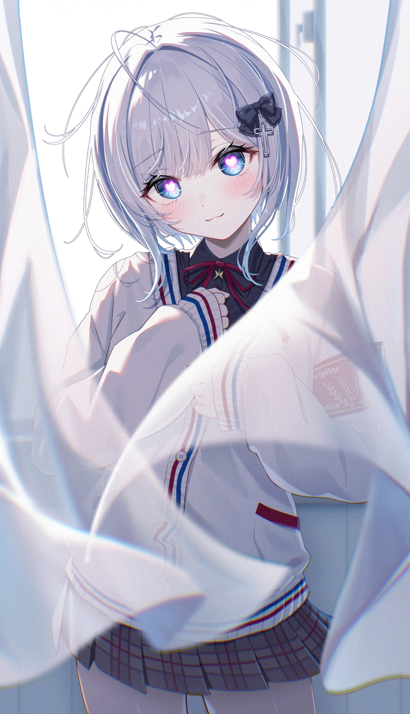 toki (toki ship8), kaga sumire, vspo!, commentary request, highres, 1girl, :3, armband, black bow, black shirt, blue eyes, bow, collared shirt, cowboy shot, cross hair ornament, curtains, dress, floating curtains, gradient eyes, grey skirt, hair bow, hair ornament, hands on own chest, hands up, head tilt, heart, heart-shaped pupils, light blush, long sleeves, looking at viewer, miniskirt, multicolored eyes, neck ribbon, plaid clothes, plaid skirt, pleated dress, red armband, red ribbon, ribbon, shirt, short hair, skirt, sleeves past wrists, solo, sweater, symbol-shaped pupils, thick eyelashes, virtual youtuber, white hair, white sweater, window