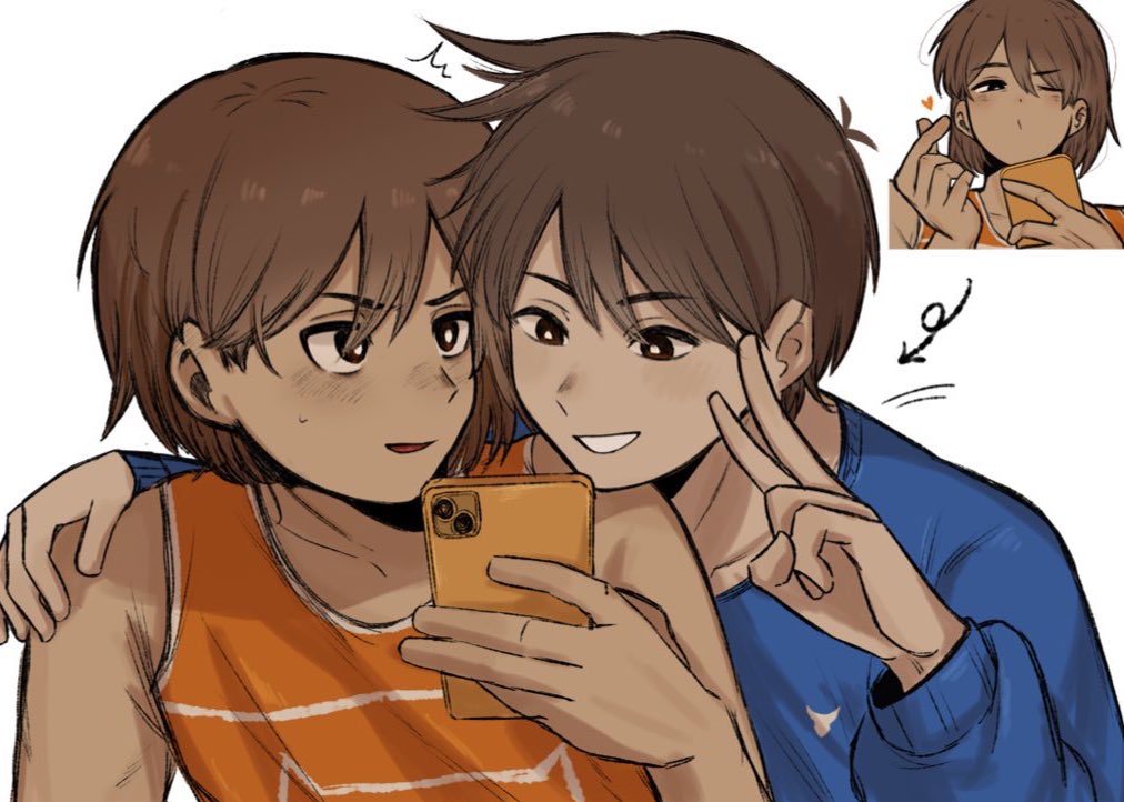 pasuta928008, hero (faraway) (omori), hero (omori), kel (faraway) (omori), kel (omori), omori, commentary, english commentary, 2boys, antenna hair, arrow (symbol), black eyes, blue sweater, bright pupils, brothers, brown hair, collarbone, dark-skinned male, dark skin, double-parted bangs, hair between eyes, hand on another's shoulder, long sleeves, looking at another, male focus, multiple boys, parted lips, short hair, siblings, simple background, smile, sweatdrop, sweater, v, white background, white pupils