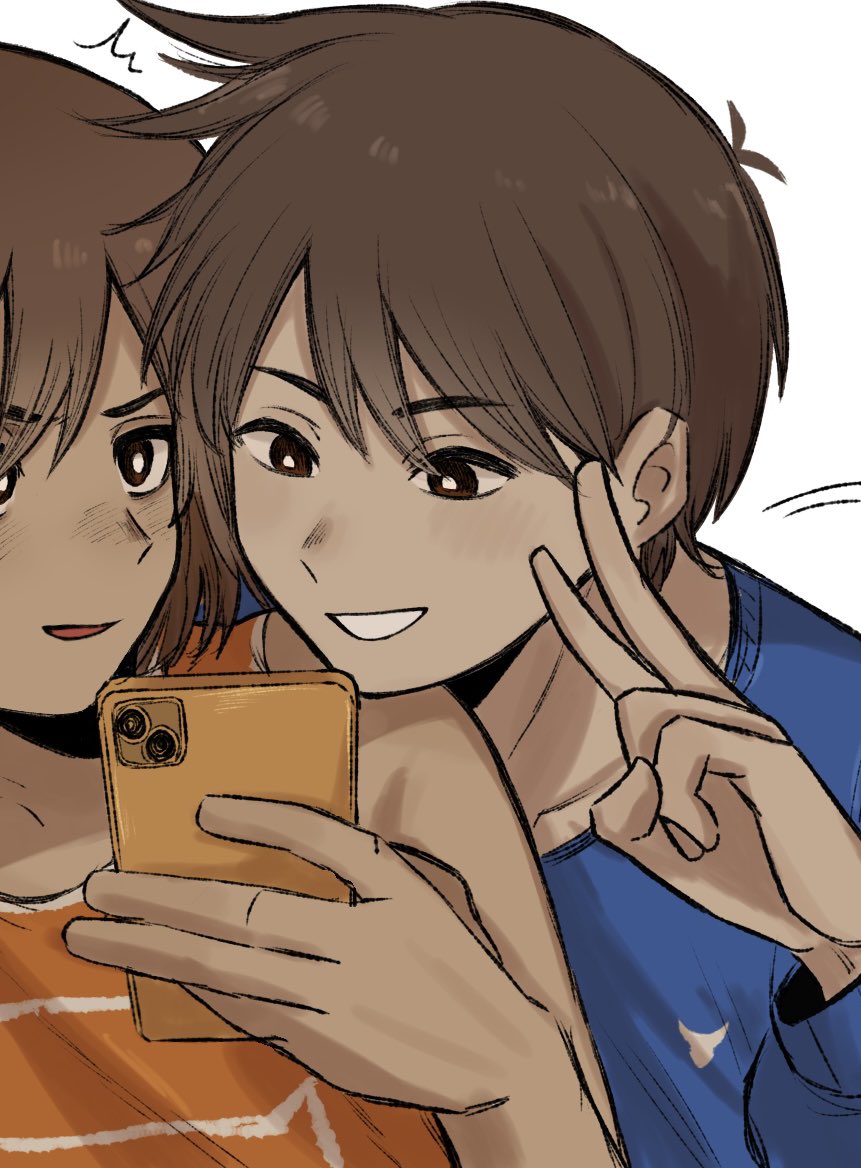 pasuta928008, hero (faraway) (omori), hero (omori), kel (faraway) (omori), kel (omori), omori, commentary, english commentary, 2boys, antenna hair, black eyes, blue sweater, bright pupils, brothers, brown hair, collarbone, dark-skinned male, dark skin, double-parted bangs, hair between eyes, long sleeves, looking at another, male focus, multiple boys, parted lips, short hair, siblings, simple background, smile, sweater, v, white background, white pupils