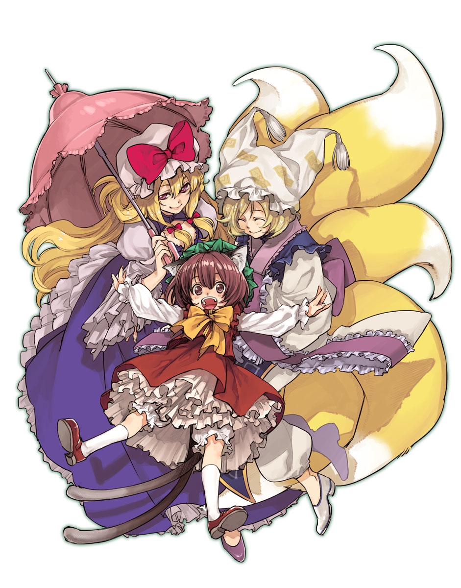 hotori takeo, chen, yakumo ran, yakumo yukari, touhou, bad id, bad pixiv id, highres, 3girls, ^ ^, animal ears, blonde hair, bow, brown hair, cat ears, cat girl, cat tail, closed eyes, dress, family bonding, female focus, hat, multiple girls, multiple tails, socks, tail, umbrella