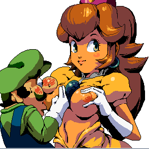 luigi, princess daisy, mario (series), nintendo, super mario bros. 1, super mario land, lowres, breast sucking, breast sucking through clothes, breasts, dress, grabbing another's breast, groping, netorare, nipples