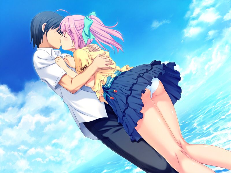 koutaro, hinata hanabi, tropical kiss, game cg, 10s, 1boy, 1girl, ass, beads, bow, closed eyes, cloud, couple, day, dutch angle, hair bow, hetero, hug, kiss, ocean, outdoors, panties, pantyshot, pink hair, skirt, sky, underwear, upskirt, white panties