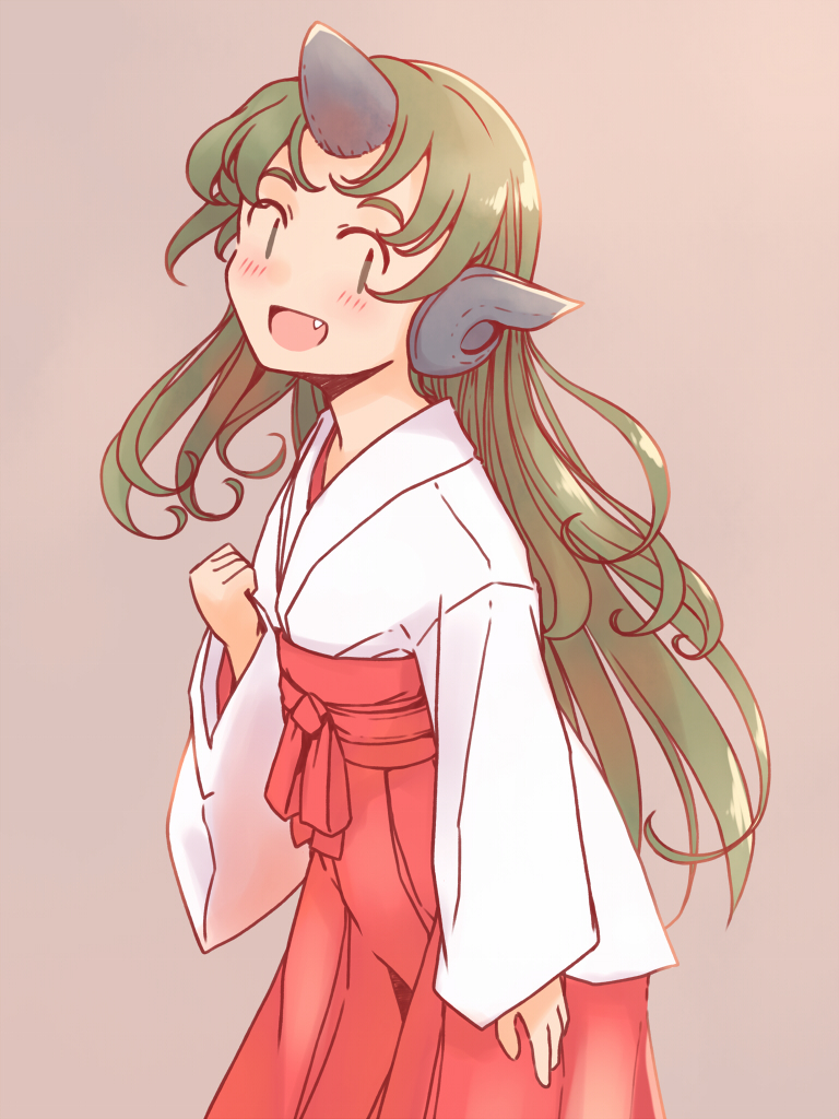 rangycrow, komano aunn, touhou, commentary request, 1girl, :d, blush, brown background, cowboy shot, fang, green eyes, green hair, hakama, horns, japanese clothes, kimono, komainu ears, long sleeves, looking to the side, miko, open mouth, red hakama, single horn, smile, solo, white kimono, | |
