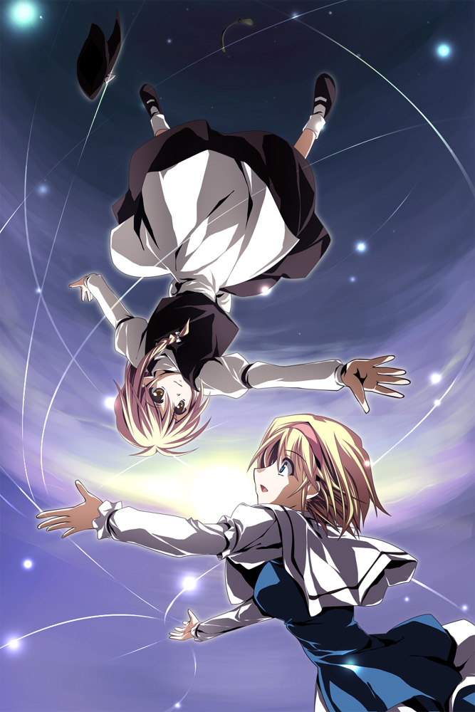 namatarou, alice margatroid, kirisame marisa, touhou, 2girls, blonde hair, blue eyes, braid, broom, female focus, hairband, hat, multiple girls, short hair, witch, witch hat, yellow eyes