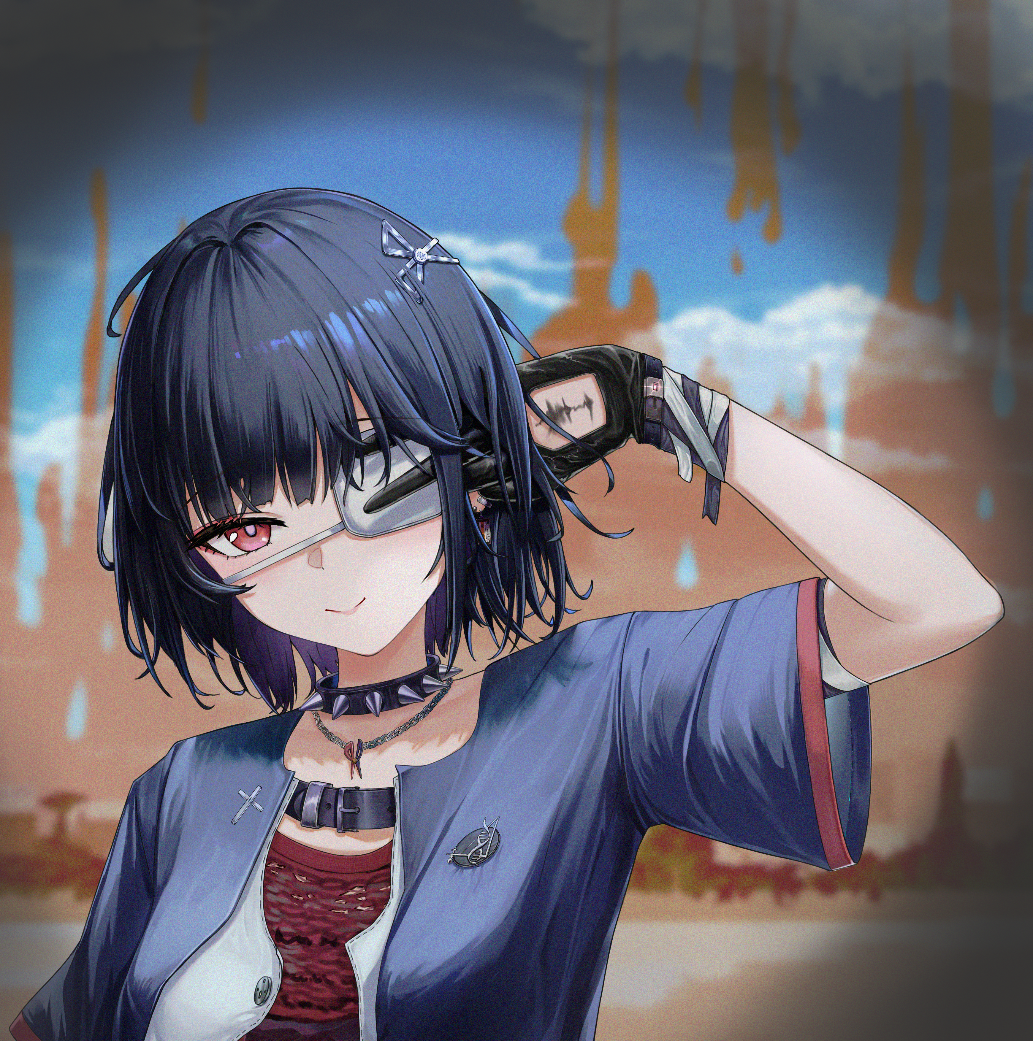 chisa (wuthering waves), takanashi rikka, chuunibyou demo koi ga shitai!, wuthering waves, absurdres, commentary request, highres, 1girl, black gloves, black hair, closed mouth, collar, dl (user pxmm2532), eyepatch, gloves, jewelry, medical eyepatch, necklace, short hair, short sleeves, smile, solo, spiked collar, spikes, upper body, v, v over eye