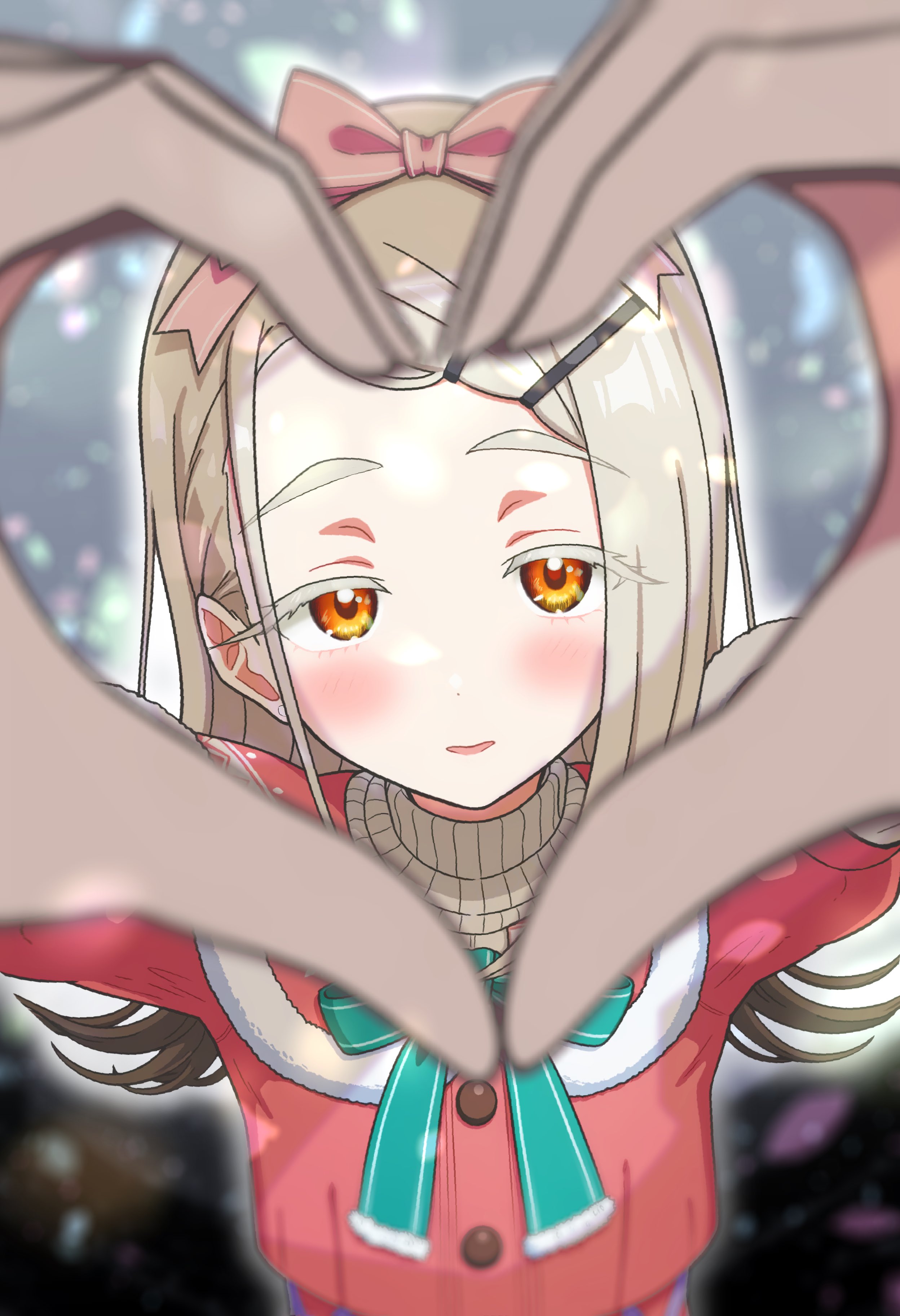 hiraji, shinosawa hiro, gakuen idolmaster, idolmaster, absurdres, commentary request, highres, 1girl, blonde hair, blurry, blurry background, blurry foreground, blush, bow, bowtie, colored eyelashes, depth of field, gradient hair, green background, grey hair, grey sweater, hair bow, hands up, heart, heart hands, long hair, looking at viewer, multicolored hair, open mouth, orange eyes, pink bow, red shirt, ribbed sweater, santa costume, shirt, solo, sweater, swept bangs, upper body