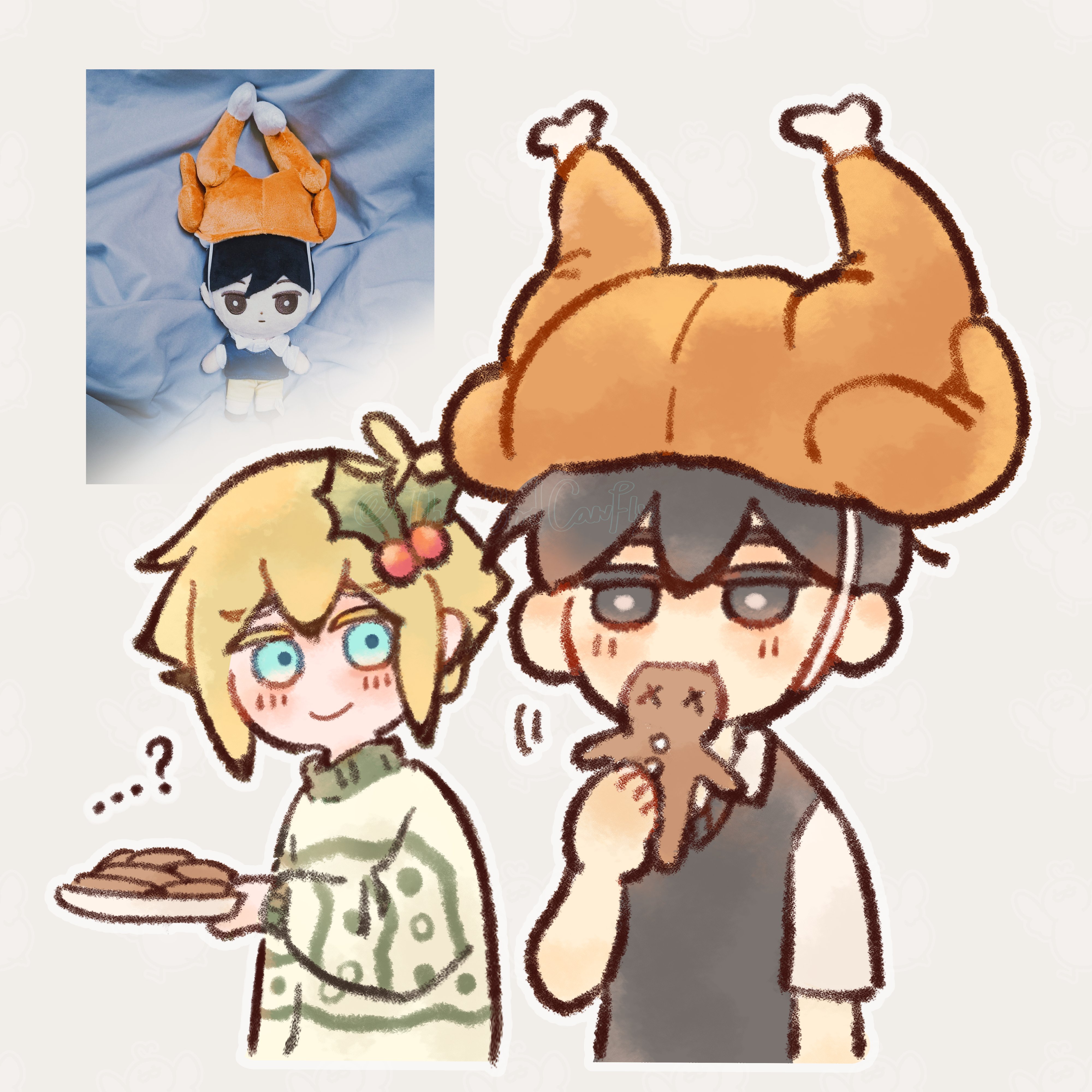 thatbirdcanfly, basil (faraway) (omori), basil (omori), sunny (omori), omori, absurdres, commentary, highres, symbol-only commentary, …?, 2boys, alternate costume, antenna hair, black eyes, black hair, black sweater vest, blonde hair, blue eyes, blush, bright pupils, character doll, closed mouth, collared shirt, cookie, doll, double-parted bangs, eating, food, gingerbread cookie, gingerbread man, green sweater, grey background, hair between eyes, hair ornament, holding, holding cookie, holding food, holding plate, male focus, mistletoe, mistletoe hair ornament, multiple boys, open mouth, plate, reference inset, shirt, short hair, short sleeves, sidelocks, simple background, smile, stuffed toy, sweater, sweater vest, white pupils, white shirt