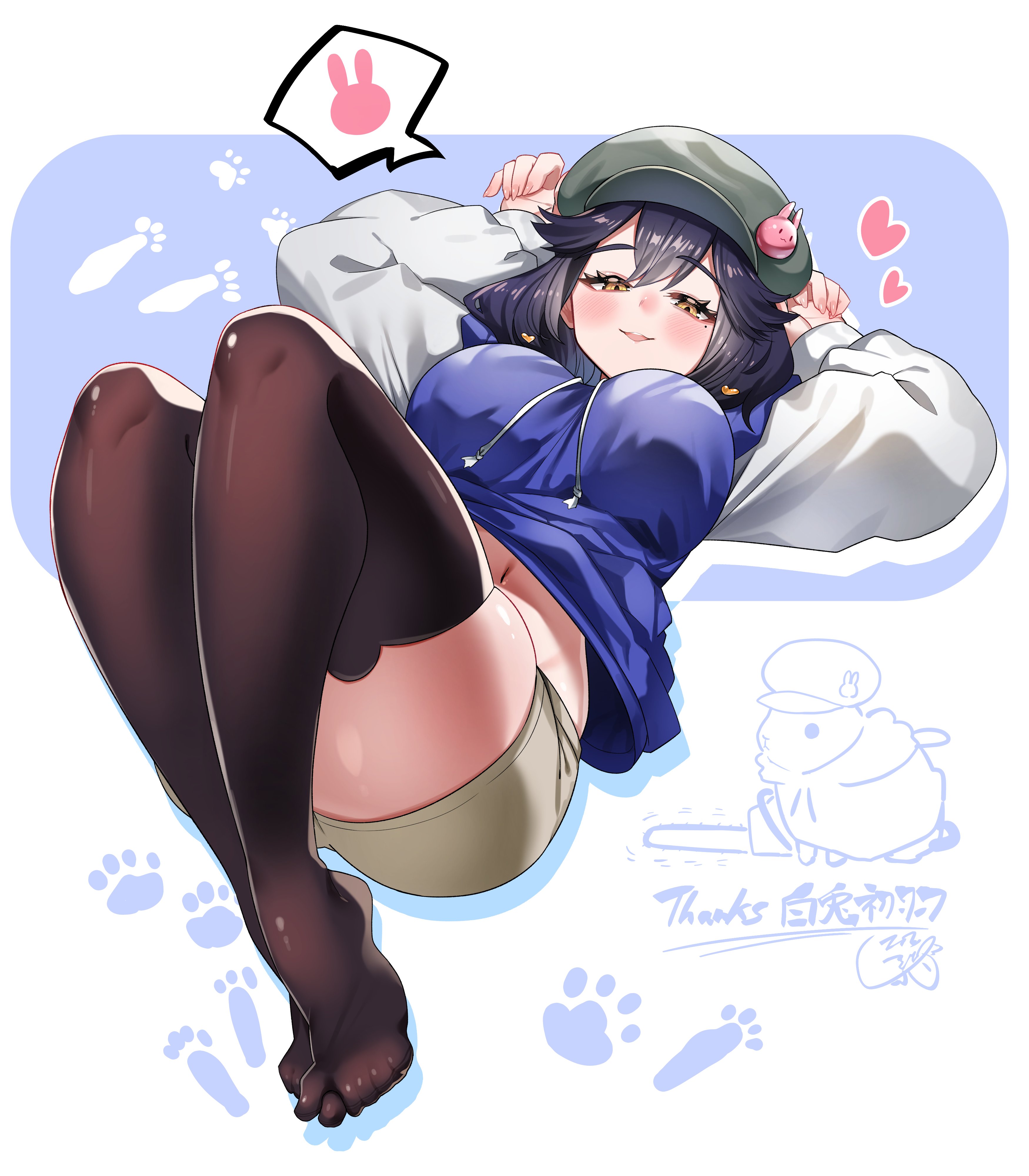 sui hi sf, indie virtual youtuber, absurdres, character request, commentary request, commission, highres, skeb commission, 1girl, black hair, black thighhighs, breasts, hair ornament, hat, hat ornament, heart, heart hair ornament, long sleeves, mole, mole under eye, navel, paw print, rabbit hat ornament, thighhighs, virtual youtuber, yellow eyes