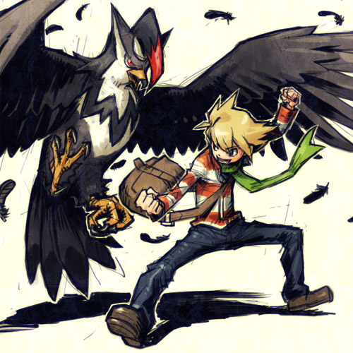 meimaru inuchiyo, barry (pokemon), staraptor, nintendo, pokemon, pokemon dppt, lowres, 00s, 1boy, bag, blonde hair, claws, feathers, gen 4 pokemon, pokemon (creature), scarf, wings, winter clothes