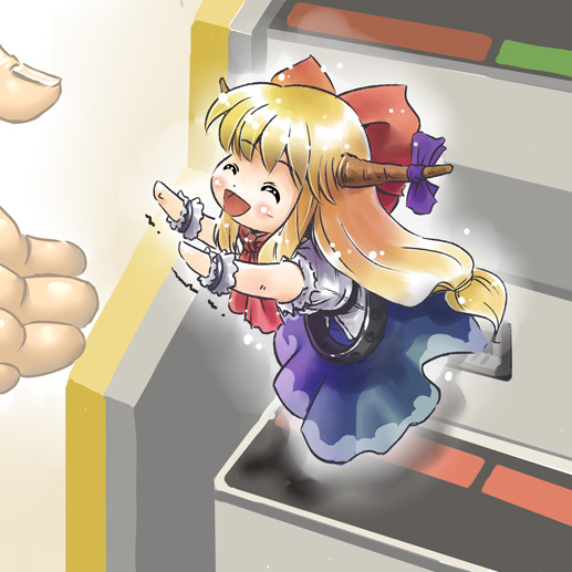 opengear, ibuki suika, suica, touhou, 1girl, blonde hair, blush, bow, chibi, female focus, horns, long hair, mini person, minigirl, parody, solo