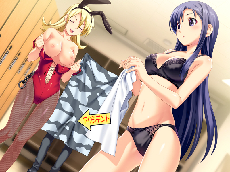 koutaro, katakage fuurin, saotome nagi, tropical kiss, game cg, translated, 10s, 1boy, 2girls, animal ears, arrow (symbol), black bra, black panties, blonde hair, blue eyes, blue hair, blush, bra, breasts, cleavage, erection, eyes closed, fake animal ears, fishnet pantyhose, fishnets, large breasts, lingerie, locker, locker room, long hair, multiple girls, nipples, open mouth, panties, pantyhose, penis, playboy bunny, rabbit ears, smile, standing, underwear, underwear only, undressing, voyeurism