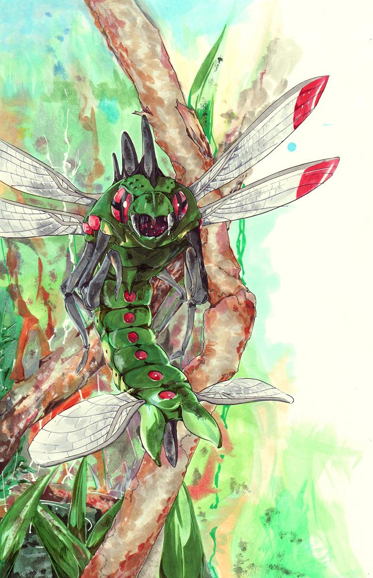 tab (squitter), yanmega, nintendo, pokemon, bad id, bad pixiv id, bug, forest, gen 4 pokemon, nature, no humans, pokemon (creature), realistic, saliva, wings