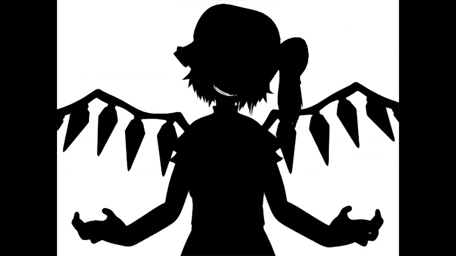 flandre scarlet, touhou, anime screenshot, highres, 1girl, bad apple!!, evil grin, evil smile, female focus, greyscale, grin, monochrome, shadowplay, side ponytail, silhouette, smile, solo, wings
