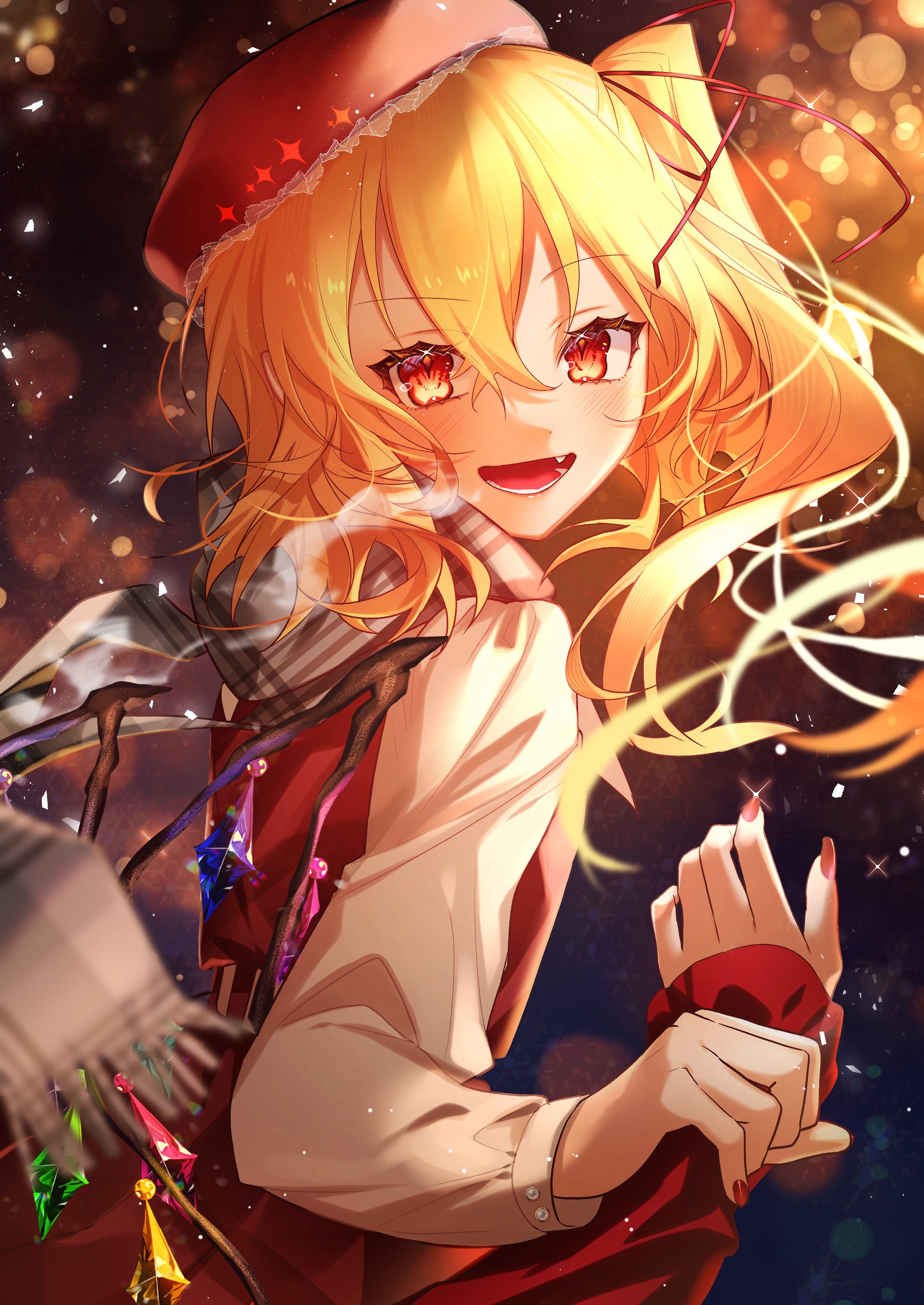 kodouirasto, flandre scarlet, remilia scarlet, touhou, absurdres, commentary request, highres, 2girls, alternate costume, alternate headwear, blonde hair, blush, breath, crystal, crystal wings, female pov, hat, holding another's wrist, long sleeves, looking at viewer, multicolored wings, multiple girls, one side up, open mouth, pov, red eyes, red nails, scarf, siblings, sisters, smile, solo focus, wings