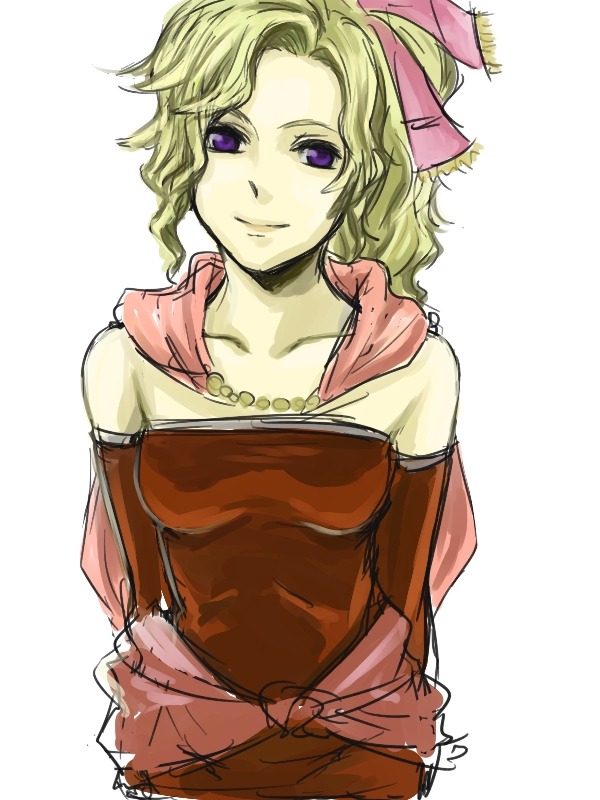 ryugue, tina branford, dissidia final fantasy, final fantasy, final fantasy vi, bad id, bad pixiv id, 1990s (style), 1girl, bow, cape, elbow gloves, female focus, gloves, green hair, long hair, ponytail, purple eyes, retro artstyle, ribbon, simple background, smile, solo, white background