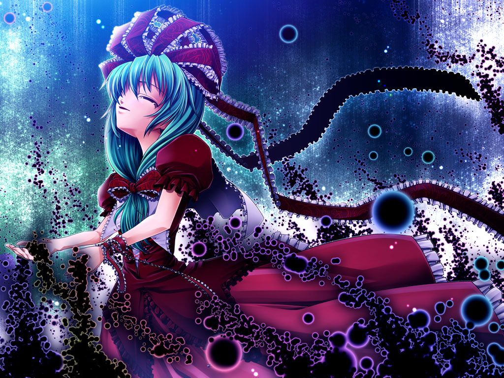 uraomote, kagiyama hina, touhou, 1girl, blue theme, bow, closed eyes, dark, dress, female focus, frills, green hair, hair bow, hair ornament, hair ribbon, long hair, ribbon, short sleeves, smile, solo, tears