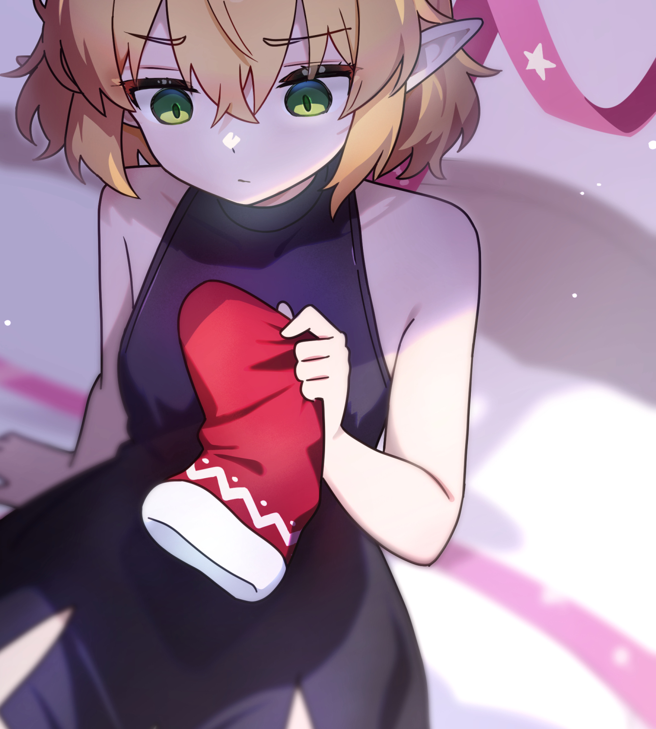 chikuzen1996, mizuhashi parsee, touhou, commentary request, highres, 1girl, alternate costume, black dress, blonde hair, blurry, christmas, closed mouth, depth of field, dress, green eyes, holding sock, pointy ears, sitting, socks, solo, unworn socks