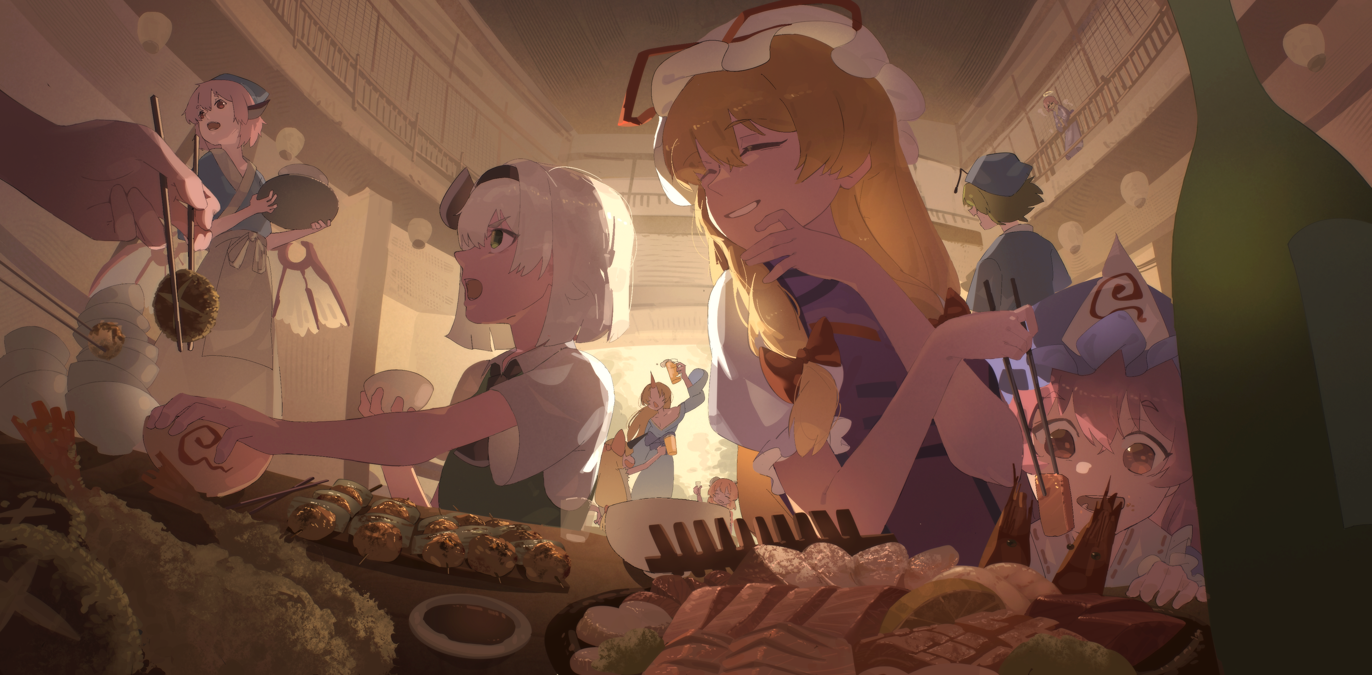 kinoko (kino2435006), hoshiguma yuugi, ibaraki kasen, ibuki suika, konpaku youmu, mystia lorelei, okamisty, saigyouji yuyuko, wriggle nightbug, yakumo yukari, touhou, absurdres, commentary request, highres, 6+girls, :d, ^ ^, alcohol, antennae, arm up, beer mug, black hairband, blonde hair, blue hat, blue headscarf, blue kimono, bottle, bow, bowl, choko (cup), chopsticks, closed eyes, cup, dress, feast, food, green eyes, green hair, green vest, grin, hair between eyes, hair bow, hairband, halo, hat, hat ribbon, headscarf, holding, holding chopsticks, holding tray, holding with chopsticks, horns, indoors, japanese clothes, kimono, long hair, meat, mob cap, mug, multiple girls, mushroom, open mouth, pink hair, purple tabard, red bow, red eyes, red ribbon, ribbon, shirt, short hair, shrimp, shrimp tempura, single horn, skewer, smile, tabard, tempura, tray, triangular headpiece, vest, white dress, white hair, white hat, white shirt, wings