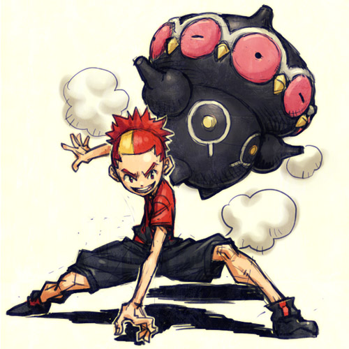 meimaru inuchiyo, buck (pokemon), claydol, nintendo, pokemon, pokemon dppt, lowres, >:d, 00s, 1boy, :d, blonde hair, dust cloud, full body, gen 3 pokemon, male focus, multicolored hair, open mouth, pokemon (creature), ponytail, red hair, shoes, short sleeves, shorts, simple background, smile, smoke, v-shaped eyebrows