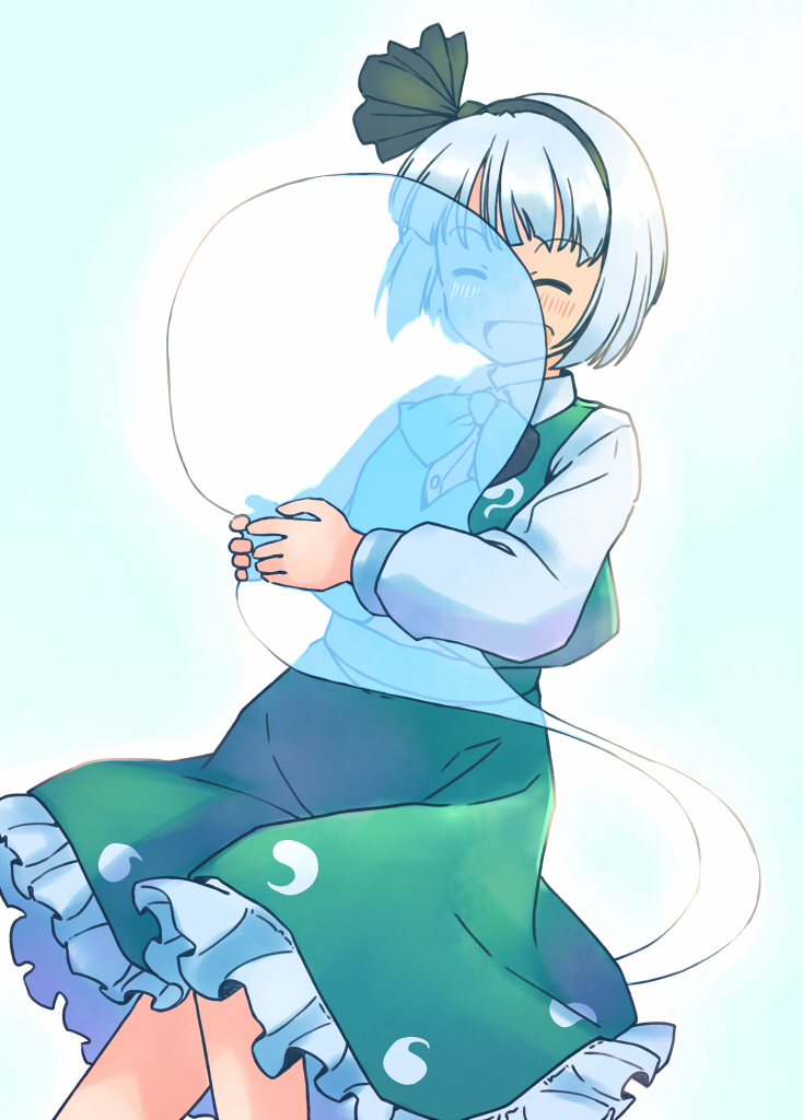 rangycrow, konpaku youmu, konpaku youmu (ghost), touhou, commentary request, 1girl, :d, black bow, black bowtie, black hairband, black ribbon, blue background, blush, bow, bowtie, closed eyes, collared shirt, ghost print, green skirt, green vest, grey hair, hair ribbon, hairband, hug, long sleeves, open mouth, petticoat, ribbon, shirt, short hair, skirt, smile, solo, vest, white shirt