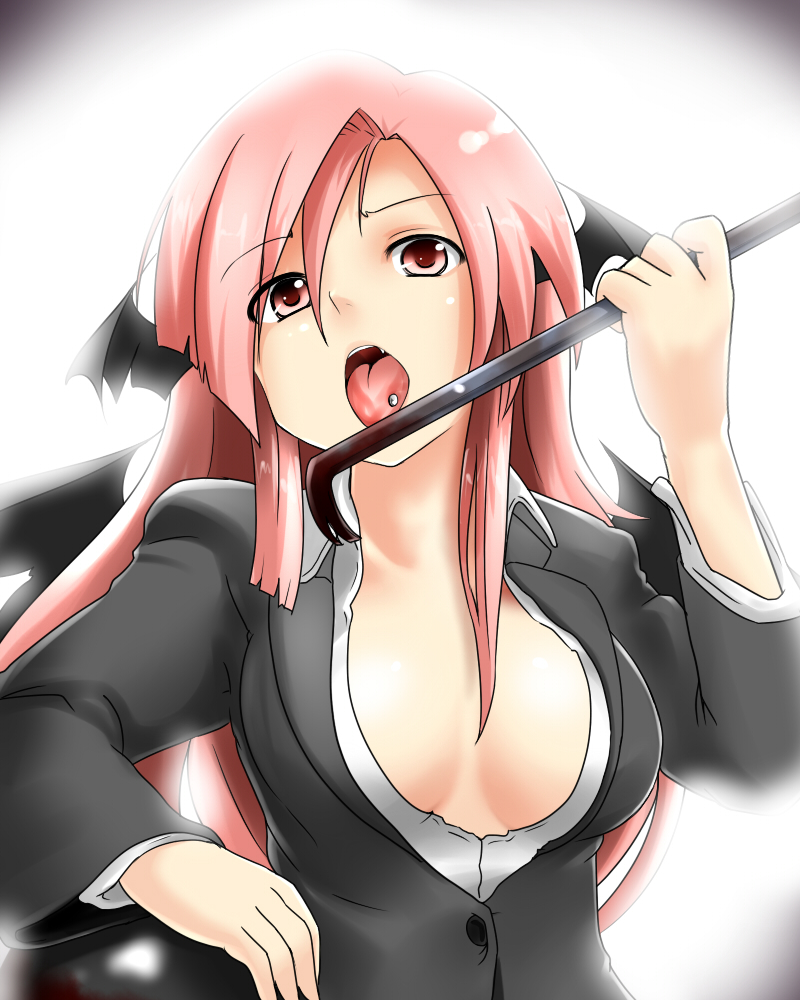 miki purasu, koakuma, embodiment of scarlet devil, touhou, 1girl, bat wings, blood, breasts, cleavage, crowbar, fang, female focus, gradient background, head wings, holding, holding crowbar, large breasts, licking, open clothes, open shirt, piercing, pink eyes, pink hair, shirt, solo, tongue, tongue piercing, upper body, weapon, white background, wings