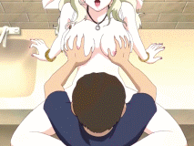 shinjou kanae, resort boin, animated, animated gif, lowres, 00s, 1girl, bathroom, blonde hair, blush, bouncing breasts, bracelet, breasts, closed eyes, clothed male nude female, clothed sex, grabbing another's breast, groping, jewelry, large breasts, leg lock, long hair, moaning, nail polish, navel, navel piercing, necklace, nude, piercing, red nails, sex, vaginal