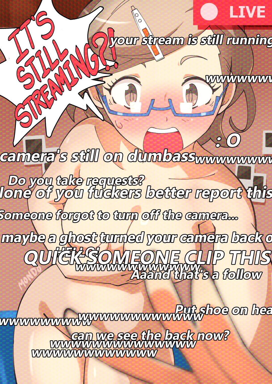 supermondobeat, sagisaka hiroko, digimon, digimon story: time stranger, commentary, english commentary, highres, 1girl, blush, brown eyes, brown hair, chat log, completely nude, covering breasts, covering privates, english text, gift art, livestream, nude, semi-rimless eyewear, short hair, solo, speech bubble, surprised, under-rim eyewear