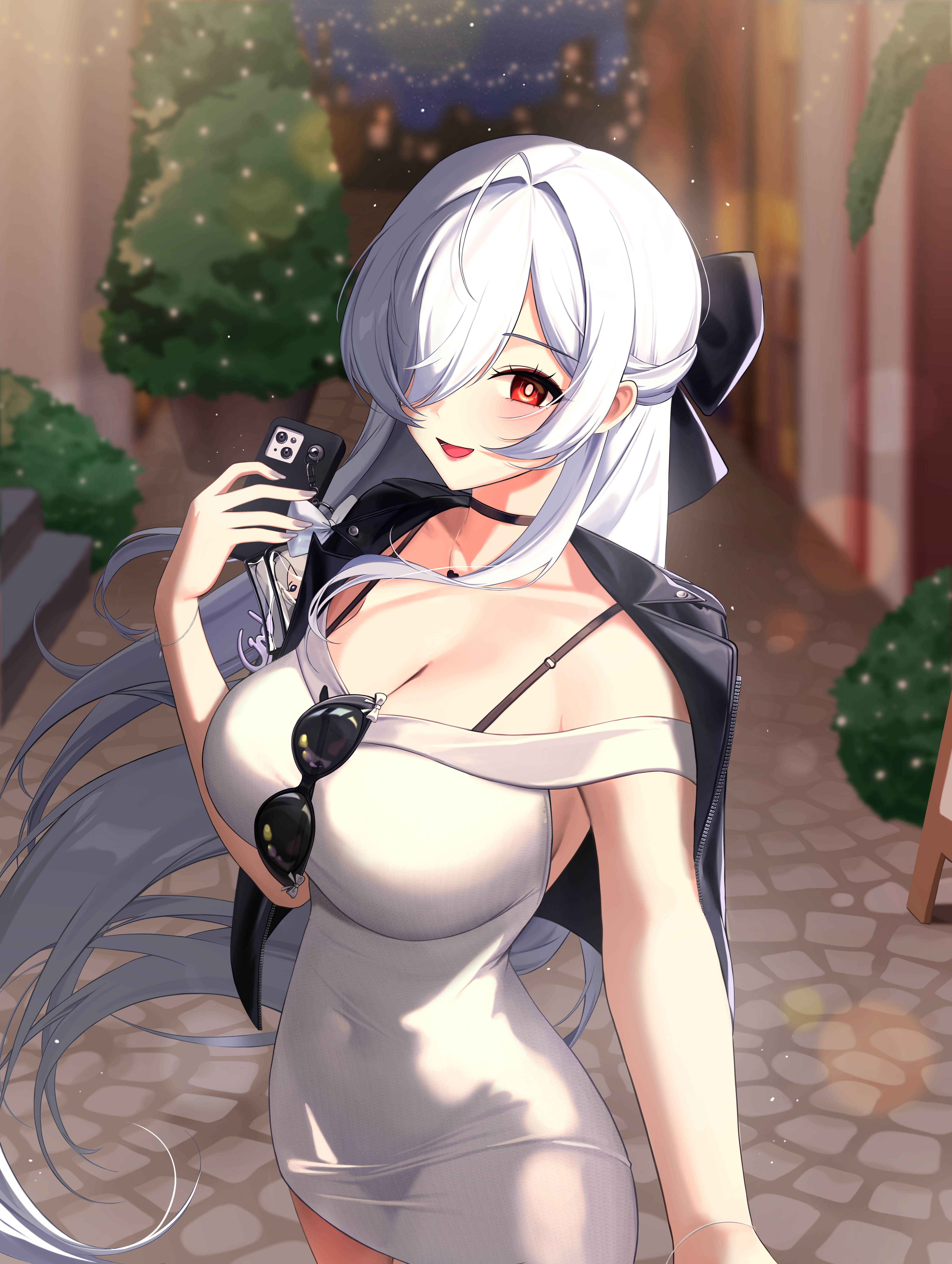 gani1127, cinderella (beautiful me) (nikke), cinderella (nikke), goddess of victory: nikke, absurdres, commentary, english commentary, highres, 1girl, black jacket, breasts, bright pupils, cellphone charm, character charm, charm (object), cleavage, dongtan dress, dress, eyewear hang, grey dress, hair over one eye, heart, heart necklace, holding, holding phone, jacket, jacket on shoulders, jewelry, large breasts, looking at viewer, necklace, official alternate costume, official alternate hairstyle, one eye covered, phone, red eyes, smile, solo, taut clothes, taut dress, unworn eyewear, white pupils