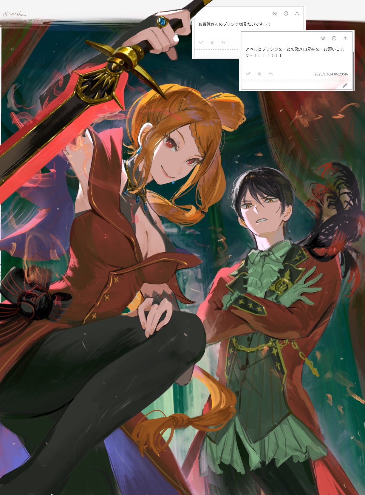 100shou, priscilla barielle, vincent vollachia, re:zero kara hajimeru isekai seikatsu, commentary request, highres, 1boy, 1girl, black hair, black pants, braid, breasts, bridal gauntlets, brother and sister, brown eyes, cleavage, cleavage cutout, clothing cutout, coat, crossed arms, dress, eyelashes, feathers, flag, gloves, holding, holding sword, holding weapon, jewelry, lips, lipstick, long eyelashes, long hair, looking at viewer, makeup, orange hair, pants, parted lips, ponytail, red coat, red eyes, ring, shirt, siblings, side ponytail, simple background, smile, sword, teeth, thick eyelashes, weapon, white gloves, white shirt, yellow eyes