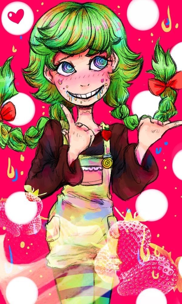 ghostandpals, sweets girl, yume 2kki, @ @, blush, bow, braid, brown sweater, cake, drooling, food, fruit, green hair, hair bow, heart, multicolored eyes, overalls, pink background, polka dot, polka dot background, strawberry, strawberry shortcake, striped clothes, striped thighhighs, sweater, sweets, thighhighs, twin braids