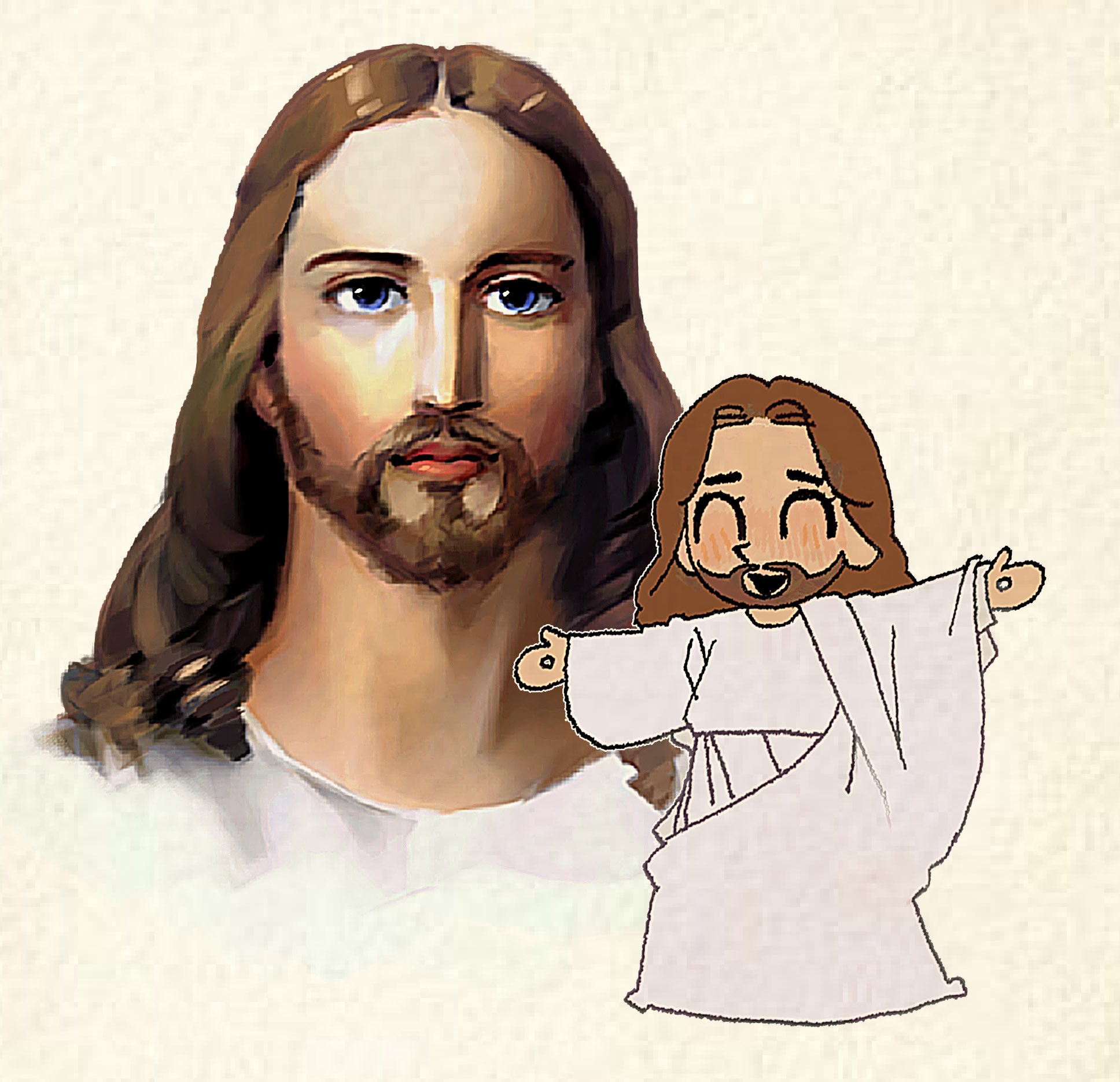 jesus, the bible, commentary, highres, korean commentary, 1boy, ^ ^, beard, blue eyes, blush, brown hair, chibi, chibi inset, closed eyes, expressionless, facial hair, francepaprika, full beard, hole in hand, jaggy lines, long hair, long sleeves, looking at viewer, male focus, multiple views, open mouth, outline, outstretched arms, parted hair, portrait, raised inner eyebrows, realistic, robe, standing, triangle mouth, white background, white outline, white robe, wide sleeves
