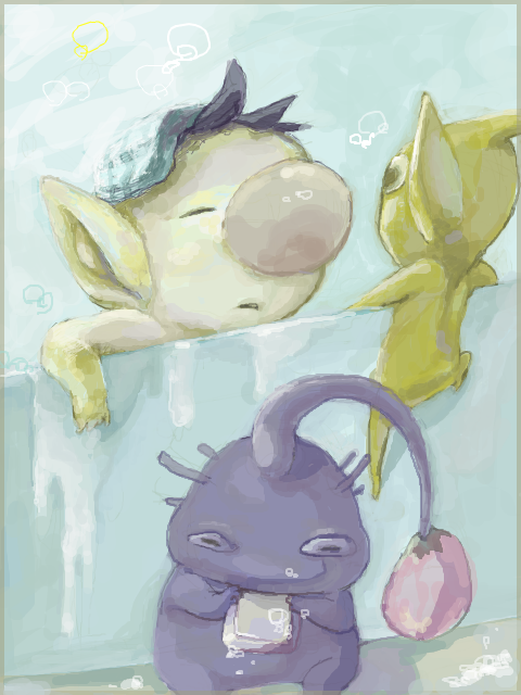 olimar, nintendo, pikmin (series), bath, bubble, eating, fat, pikmin (creature), pointy ears, soap