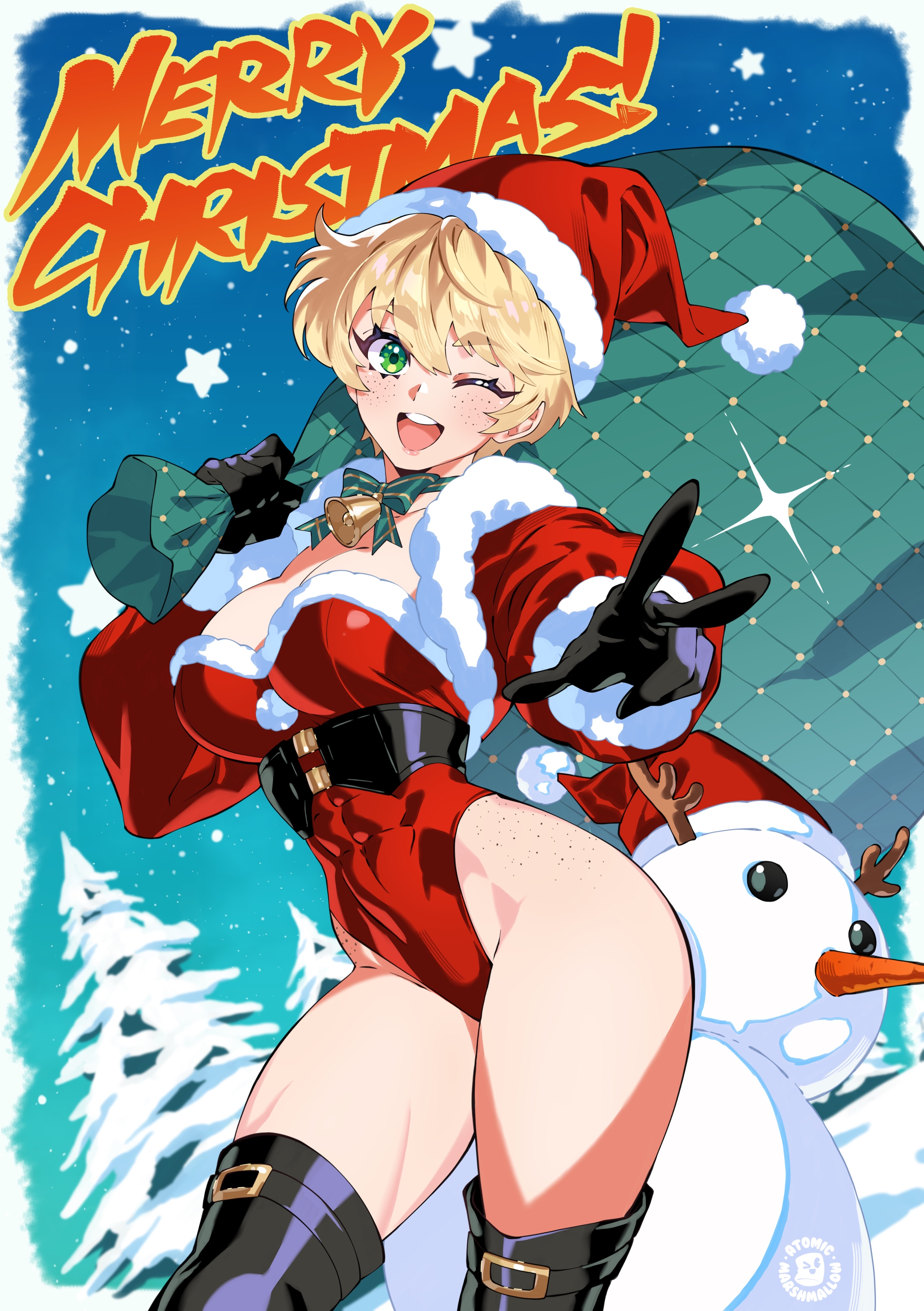 atomicmrshmallw, original, absurdres, commentary, english commentary, highres, 1girl, black boots, black gloves, blonde hair, blush, boots, breasts, christmas, cleavage, freckles, gloves, green eyes, hair between eyes, hat, holding, holding sack, large breasts, leotard, long sleeves, looking at viewer, merry christmas, open mouth, red hat, red leotard, sack, santa costume, santa hat, short hair, smile, snowman, solo, teeth, tree, upper teeth only, v