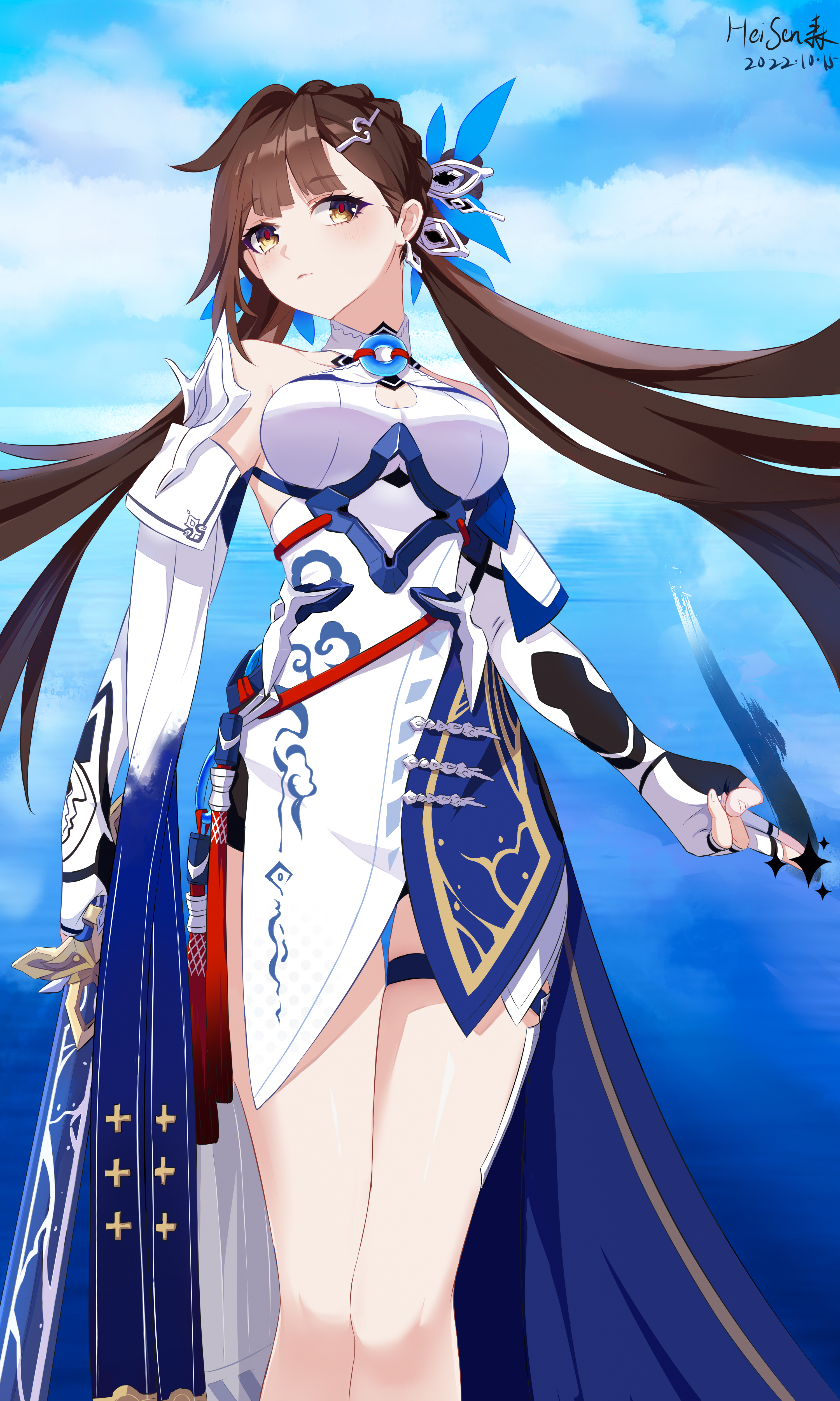 heisen, li sushang, li sushang (jade knight), honkai (series), honkai impact 3rd, absurdres, chinese commentary, commentary request, highres, 1girl, artist name, bare shoulders, breasts, brown eyes, brown hair, china dress, chinese clothes, cleavage, cleavage cutout, closed mouth, clothing cutout, dated, dress, elbow gloves, fingerless gloves, gloves, hair ornament, holding, holding sword, holding weapon, light blush, long hair, looking at viewer, medium breasts, red pupils, solo, standing, sword, very long hair, weapon, white dress, white gloves