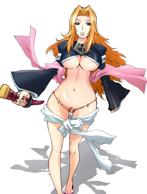 kon-kit, matsumoto rangiku, bleach, 00s, belt, breasts, cleavage, no panties, smile, sword, underboob, weapon