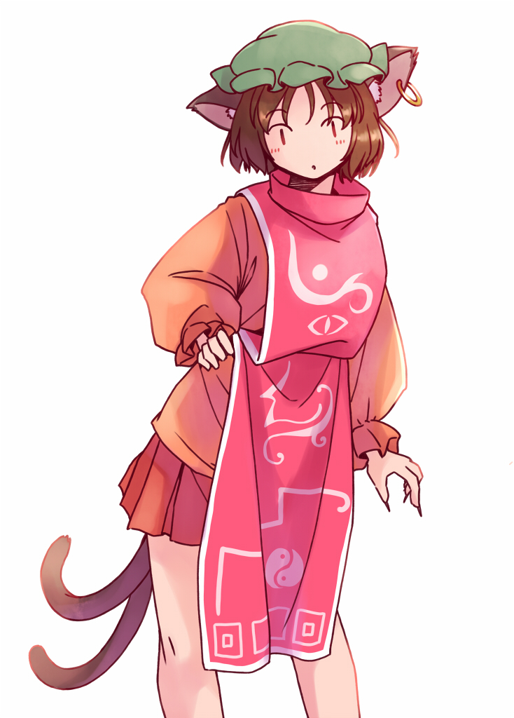 rangycrow, chen, odaibako, touhou, commentary request, 1girl, :o, animal ears, blush, brown hair, cat ears, cat girl, cat tail, earrings, feet out of frame, fingernails, gold earrings, green hat, hand on own hip, hat, jewelry, knees, long fingernails, long sleeves, miniskirt, mob cap, multiple tails, orange sweater, parted lips, red eyes, red skirt, red tabard, short hair, simple background, skirt, solo, sweater, tabard, tail, two tails, white background, yin yang, yin yang print