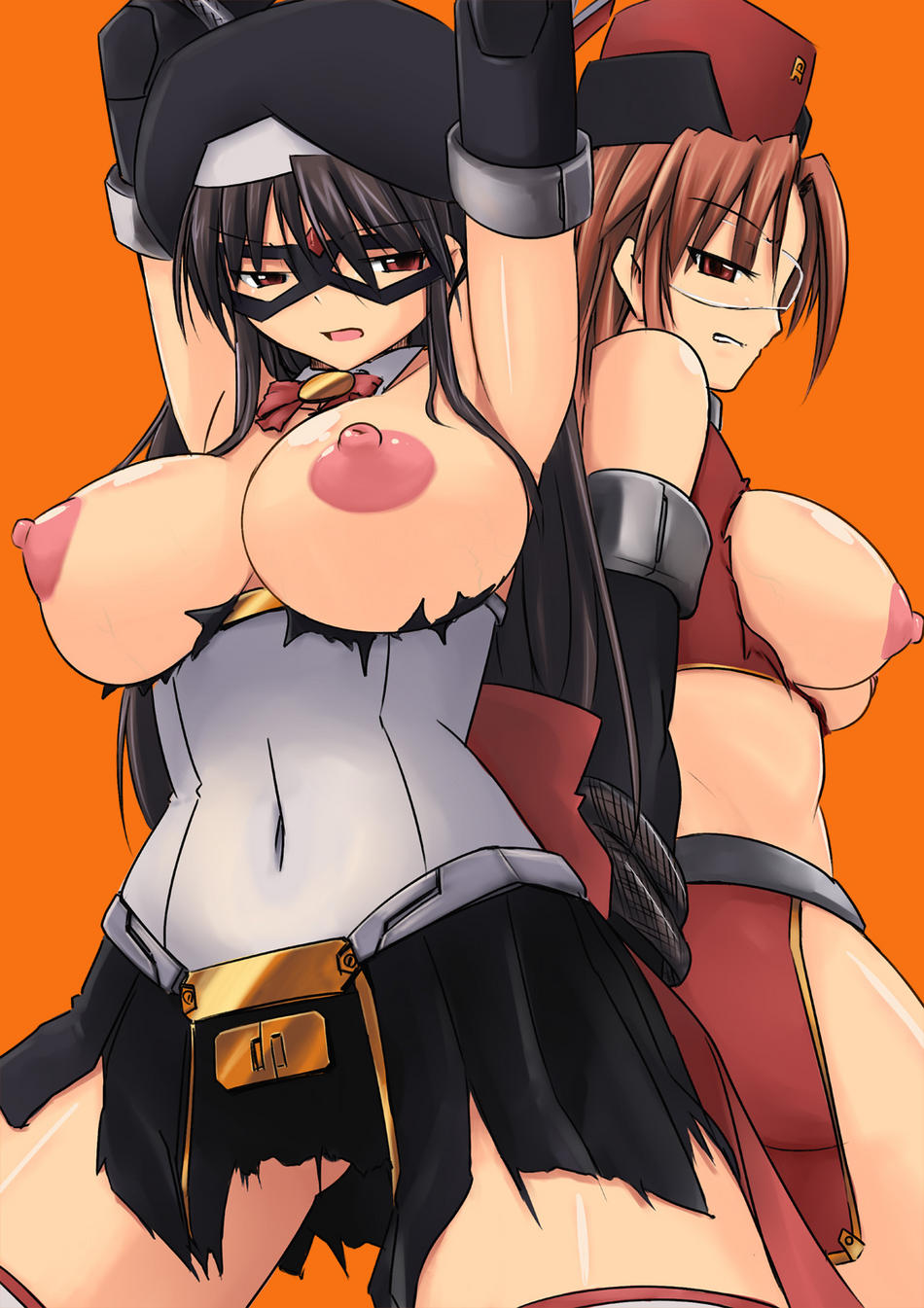 artist request, character request, highres, 2girls, bdsm, bondage, bound, breasts, huge breasts, large breasts, mask, multiple girls, nipples