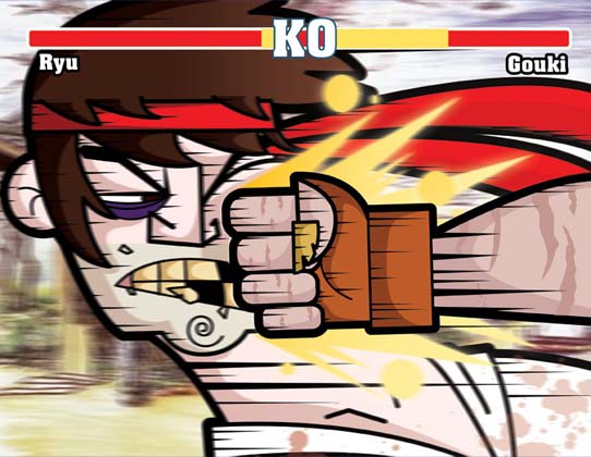 ben camberos, akuma (street fighter), ryu (street fighter), capcom, street fighter, 2boys, brown eyes, brown hair, clenched hand, face punch, fighting game, fingerless gloves, gloves, headband, in the face, multiple boys, punching