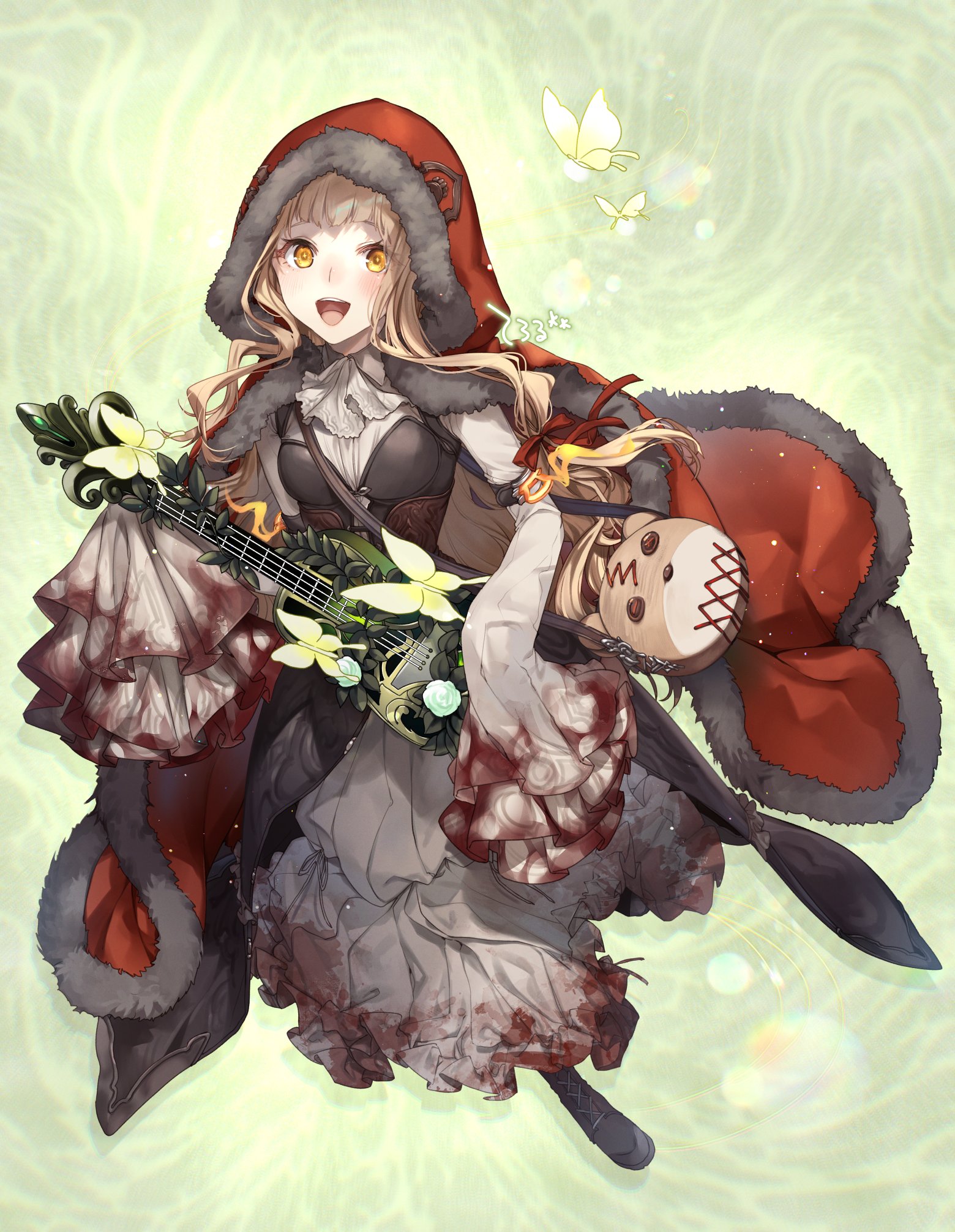 teroru, red riding hood (sinoalice), sinoalice, commentary request, highres, 1girl, bag, blonde hair, blood, blood on clothes, blunt bangs, blush, boots, brown corset, bug, butterfly, cape, corset, frilled skirt, frilled sleeves, frills, fur-trimmed cape, fur trim, green background, hair ribbon, handbag, happy, hood, hood up, insect, instrument, looking at viewer, orange eyes, ribbon, sidelocks, skirt, solo, ukulele, wavy hair