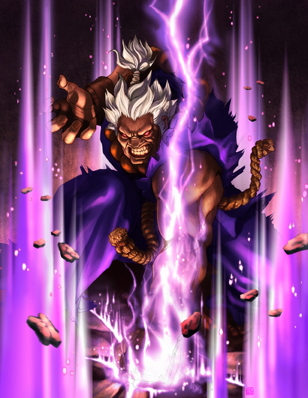 wlfeng, akuma (street fighter), shin akuma, capcom, street fighter, 1boy, angry, aura, beads, dark-skinned male, dark skin, fingerless gloves, gloves, kongou kokuretsu zan, lightning, male focus, prayer beads, raging storm, red eyes, solo, white hair
