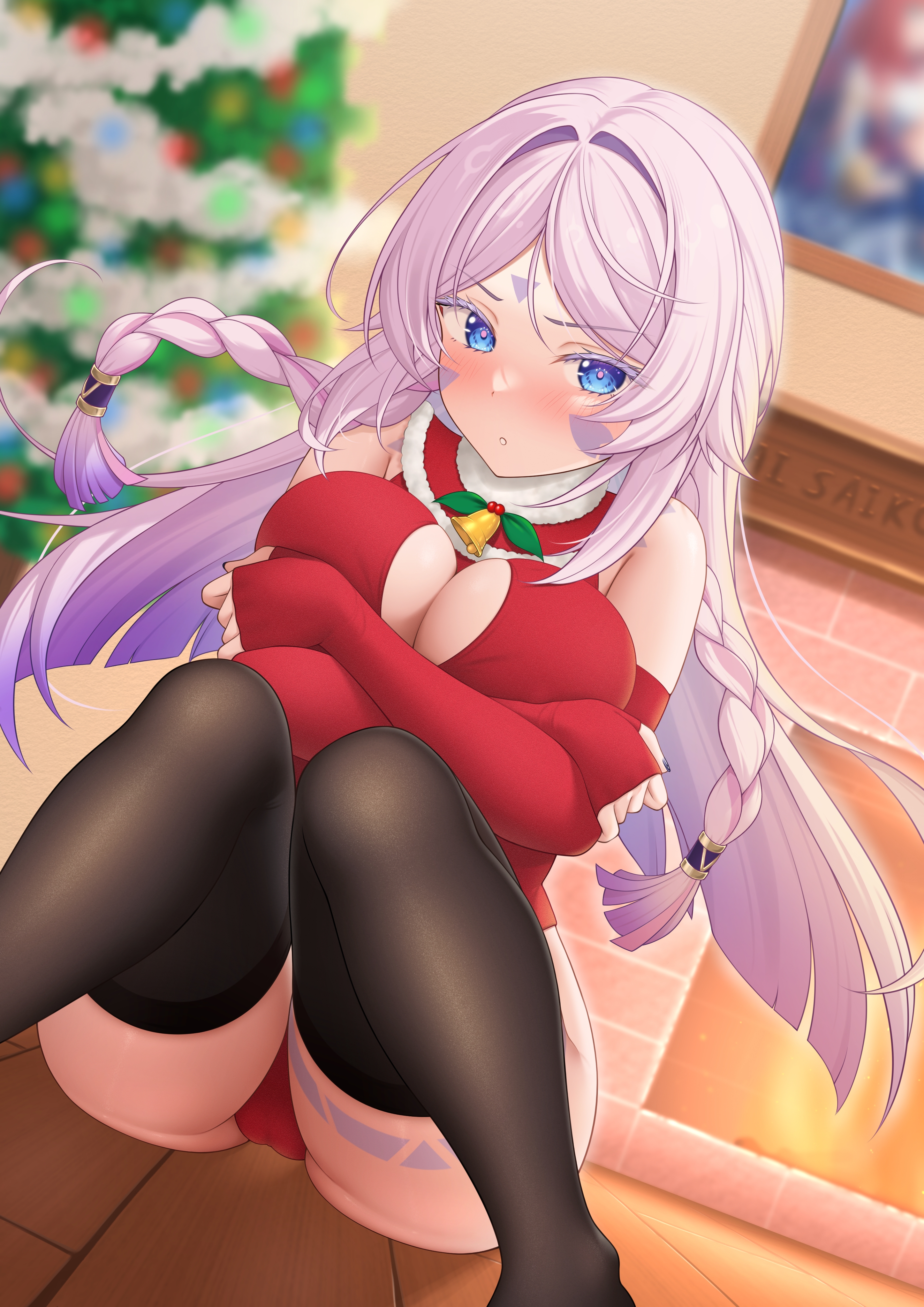 citlali (genshin impact), genshin impact, absurdres, commentary request, highres, large variant set, variant set, 1girl, bare shoulders, bell, black thighhighs, blue eyes, blurry, blurry background, blush, braid, breasts, cameltoe, christmas tree, cleavage, cleavage cutout, clothing cutout, crossed arms, facial mark, feet out of frame, fireplace, forehead mark, indoors, large breasts, leotard, long hair, multicolored hair, neck bell, painting (object), parted lips, pentakira, pink hair, purple hair, red leotard, sitting, solo, thighhighs, triangle, triangle facial mark, very long hair
