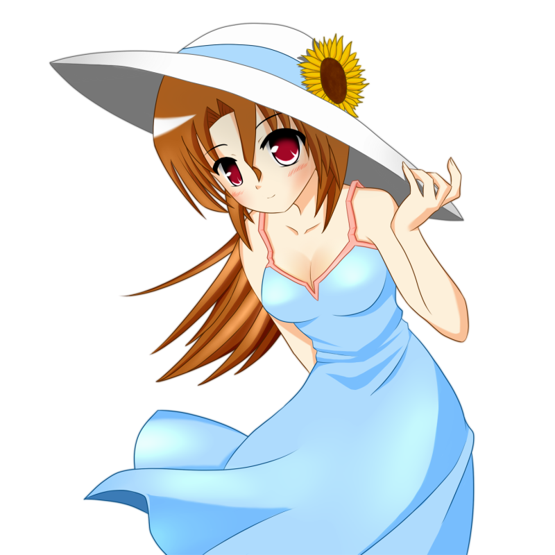 shuu (sm), maria (hayate no gotoku!), hayate no gotoku!, 00s, 1girl, blush, breasts, brown hair, cleavage, dress, female focus, flower, hair down, hat, long hair, red eyes, simple background, smile, solo, sundress, sunflower, white background