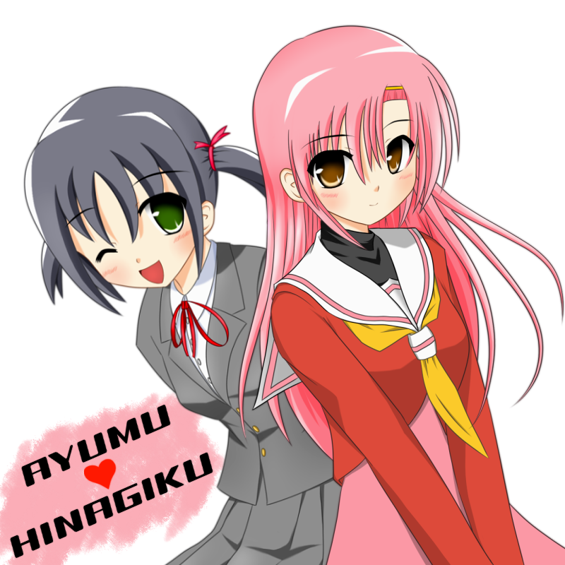 shuu (sm), katsura hinagiku, nishizawa ayumu, hayate no gotoku!, 00s, 2girls, blue hair, blush, green eyes, long hair, multiple girls, pink hair, smile, twintails, wink, yellow eyes