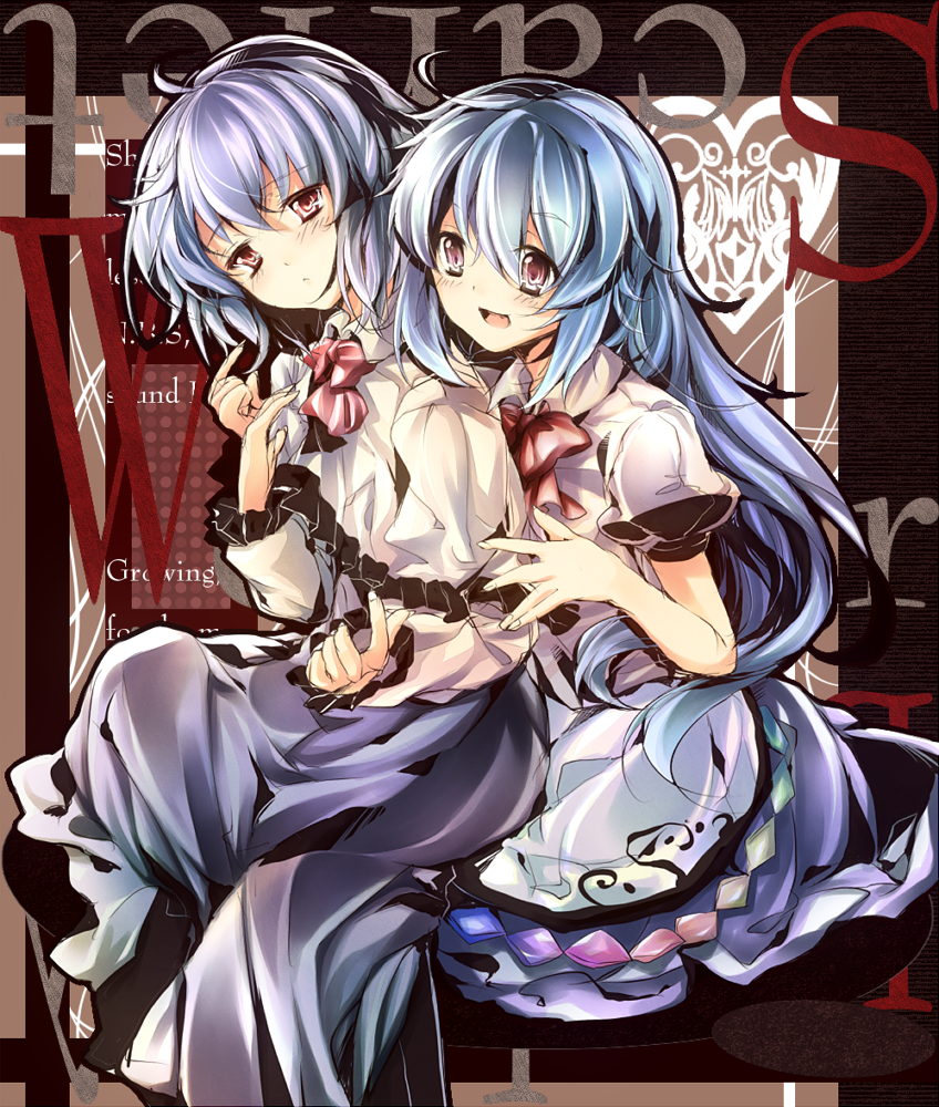 otogi kyouka, hinanawi tenshi, nagae iku, touhou, colorized, 2girls, blue hair, female focus, hug, hug from behind, long hair, multiple girls, red eyes, short hair, yuri