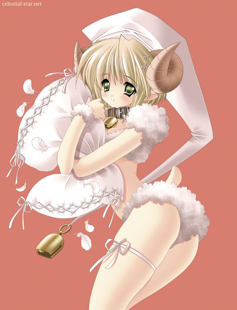 1girl, ass, bell, blonde hair, collar, feathers, female focus, green eyes, horns, leg ribbon, monster girl, neck bell, night cap, pillow, pointy ears, ribbon, sheep, sheep girl, sheep horns, sheep tail, short hair, simple background, solo, tail, thigh ribbon, watermark, web address, wool