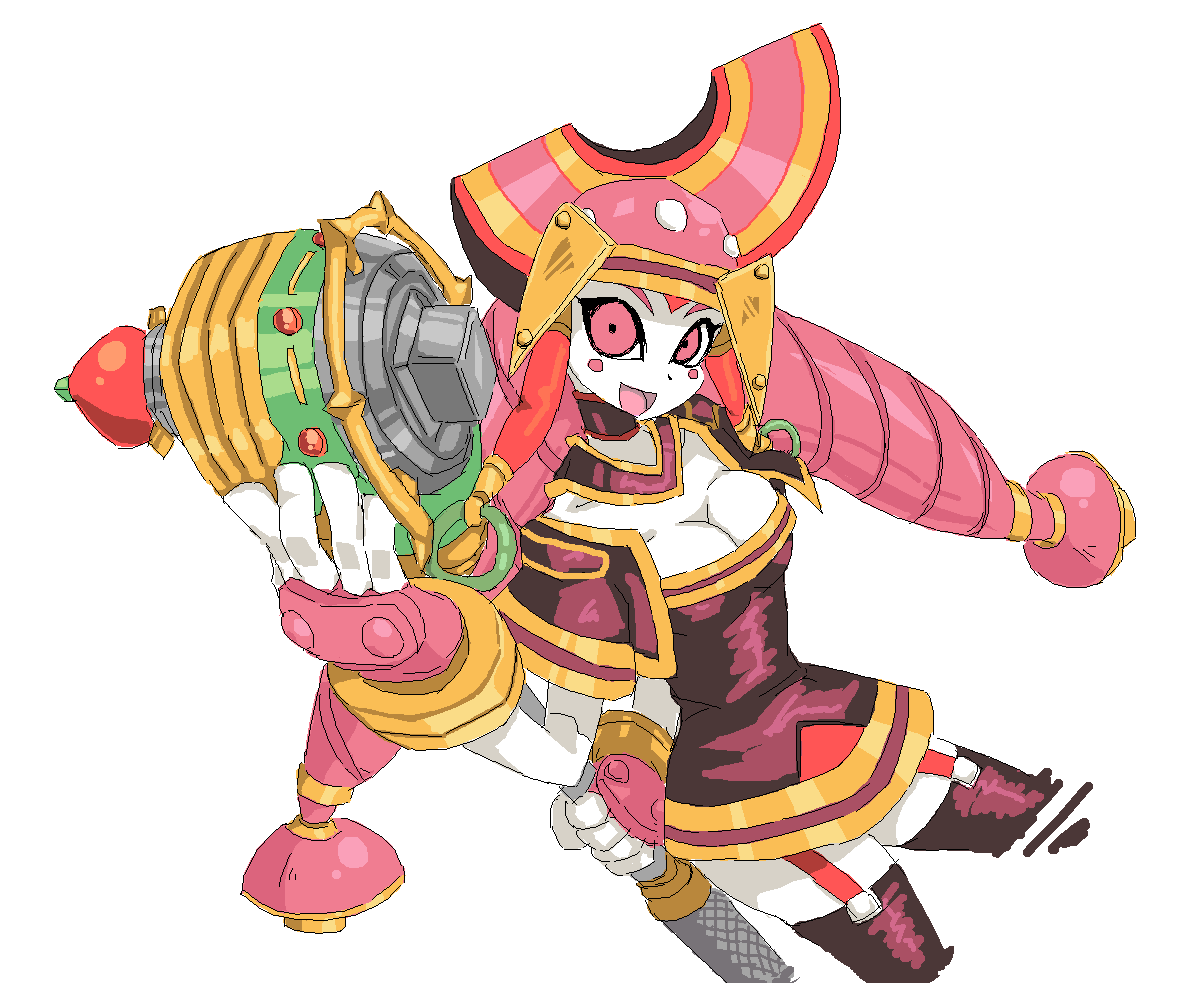 yashiroku, ratchet (thousand arms), thousand arms, breasts, cleavage, colored skin, hat, long hair, mecha, mecha musume, pink eyes, pink hair, robot, thighhighs, white skin