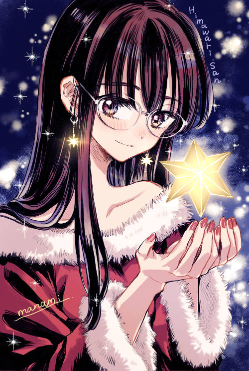 sugano manami, himawari-san (character), himawari-san, commentary, 1girl, artist name, black hair, blue background, blush, character name, christmas, closed mouth, collarbone, copyright name, dress, earrings, fur-trimmed dress, fur trim, glasses, glowing, glowing earrings, hair over shoulder, hexagram, jewelry, long hair, long sleeves, looking at viewer, nail polish, outdoors, purple eyes, red dress, red nails, santa costume, santa dress, signature, single bare shoulder, smile, snowing, solo, sparkle, star (symbol), star earrings, upper body, white-framed eyewear