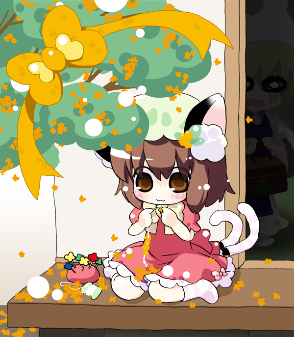 kasane, chen, yakumo ran, touhou, striped, 2girls, :3, animal ears, blush, brown eyes, brown hair, cat ears, cat tail, chibi, female focus, multiple girls, multiple tails, sewing, short hair, sitting, tail, wariza, when you see it