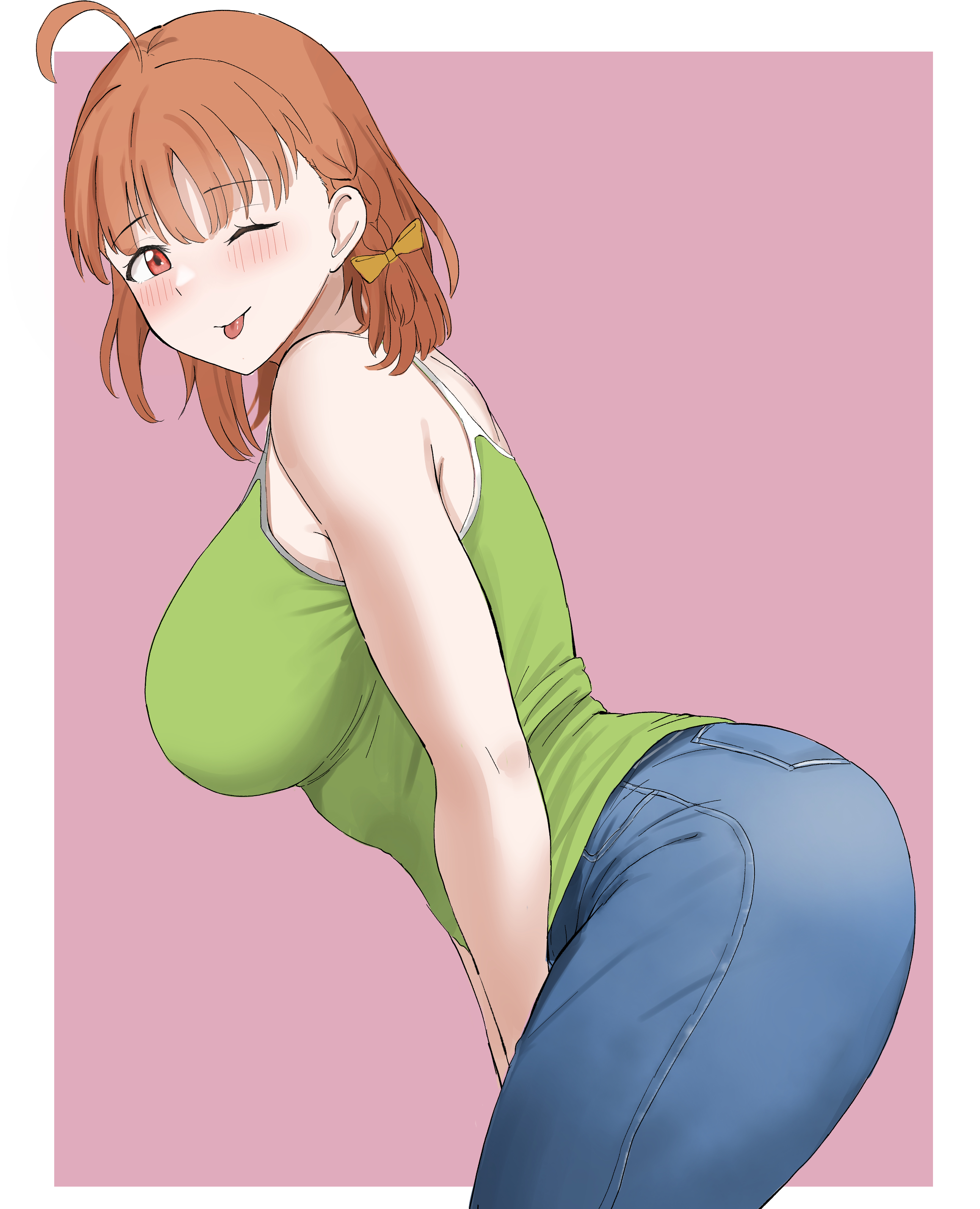 kiru (bsesso), takami chika, love live!, love live! sunshine!!, absurdres, commentary request, highres, 1girl, ahoge, alternate breast size (larger), arms between legs, blue pants, blush, bow, braid, breasts, camisole, closed mouth, cowboy shot, denim, from side, green shirt, hair bow, huge breasts, jeans, leaning forward, looking at viewer, looking to the side, medium hair, one eye closed, orange hair, pants, pink background, red eyes, shirt, side braid, sleeveless, sleeveless shirt, smile, solo, standing, tongue, tongue out, yellow bow