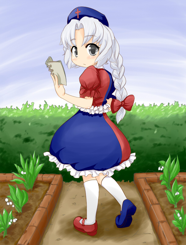 mokuyou, yagokoro eirin, touhou, silver hair, 1girl, aged down, asymmetrical clothes, asymmetrical footwear, braid, female focus, hat, long hair, looking back, mismatched footwear, solo